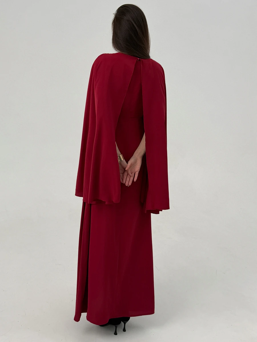 Aloruh Women's Burgundy Summer Elegant Maxi Cape Dress,Solid Color Metallic Embellishments,Modest Design For Dining,Cocktail Parties & Wedding Guests