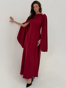 Aloruh Women's Burgundy Summer Elegant Maxi Cape Dress,Solid Color Metallic Embellishments,Modest Design For Dining,Cocktail Parties & Wedding Guests - Red Violet - View 7
