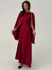Aloruh Women's Burgundy Summer Elegant Maxi Cape Dress,Solid Color Metallic Embellishments,Modest Design For Dining,Cocktail Parties & Wedding Guests - Red Violet - View 4
