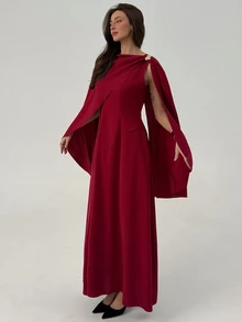 Aloruh Women's Burgundy Summer Elegant Maxi Cape Dress,Solid Color Metallic Embellishments,Modest Design For Dining,Cocktail Parties & Wedding Guests - Red Violet - View 8