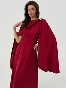 Aloruh Women's Burgundy Summer Elegant Maxi Cape Dress,Solid Color Metallic Embellishments,Modest Design For Dining,Cocktail Parties & Wedding Guests - Red Violet - View 5