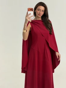Aloruh Women's Burgundy Summer Elegant Maxi Cape Dress,Solid Color Metallic Embellishments,Modest Design For Dining,Cocktail Parties & Wedding Guests - Red Violet - View 3