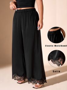 Allurite Celana Panjang Ukuran Besar Warna Polos Pinggang Elastis Motif Satin & Renda Model Lebar untuk Musim Gugur - Hitam - View 1