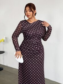 Sassy Hour فستان شبكي بطبعة نقاط بولكا مع خصر مجعد، مناسب لحفلات الكوكتيل الليلية في الخريف، أنيق بطراز عتيق من الخمسينيات والعشرينيات - بني - مشاهدة 8