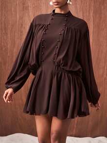 Zivah Faux Pearls Beaded Lantern Sleeve Dress - Green - View 8