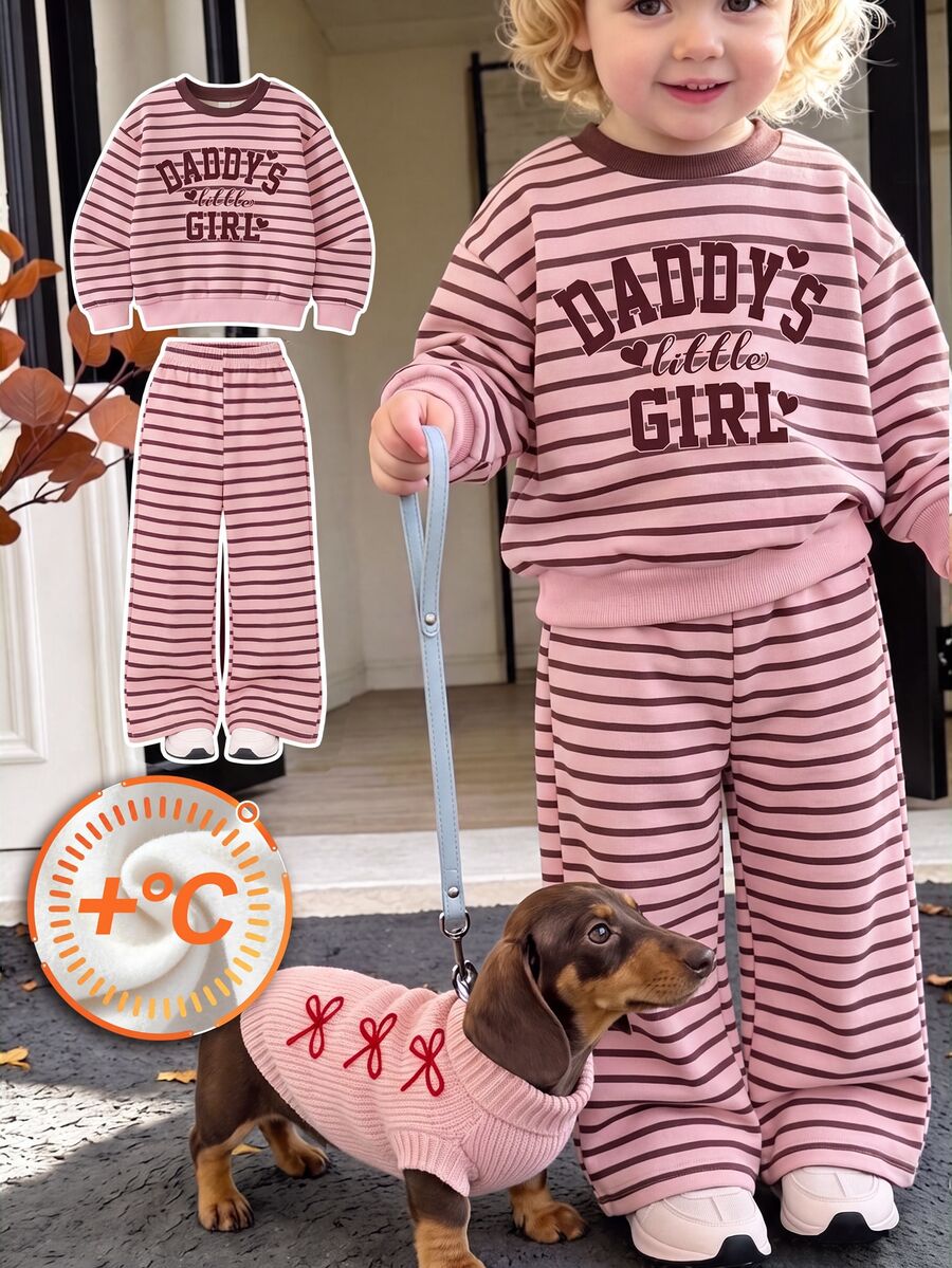 SHEIN 2件組女嬰秋季條紋字母印花長袖衛衣與寬腿褲套裝,秋冬服飾 - 彩色 - 查看 1