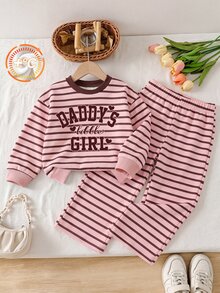 SHEIN 2件組女嬰秋季條紋字母印花長袖衛衣與寬腿褲套裝，秋冬服飾 - 彩色 - 查看 4