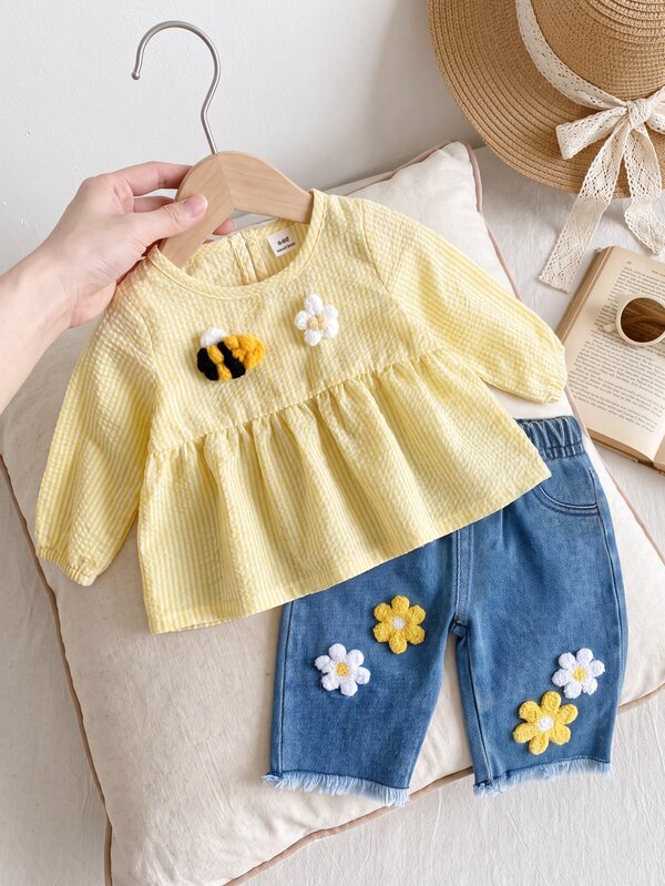 Playful Pals 2pcs Toddler Girl Blouse + Jeans Cute Sweet Princess Yellow Blue Striped Bee Floral Embroidered Lantern Sleeve Round Neck Party Autumn First Birthday
