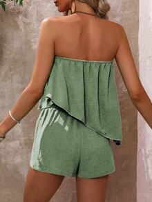 Wandoria Setelan Wanita Kasual 2 Potong Atasan Bandeau dan Celana Pendek Warna Polos, untuk Liburan - Mint Green - View 2