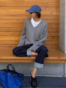 DAZY Women's Solid Color Loose Short V-Neck Long Sleeve Casual Street Old Money Vintage Fall Knit Sweater Everyday Travel Light Grey - Khaki - View 3