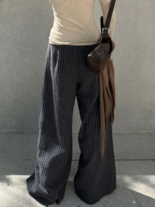DAZY Contrast Color Vintage Striped Loose Wide Leg Pleated Thickened Wool Blend Trousers Autumn/Winter Women's Suit Pants - Grey - View 9