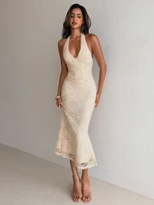 Aloruh Women's White Elegant Summer Tropical Cocktail Apricot Halter Backless Lace Ruffle Hem Mermaid Midi Dress, Fashion Graduation Prom Date Dress - Apricot - View 5