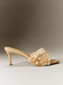 Hauture Women's Fashion Comfy Furry Slip-On Heeled Sandals For Christmas Valentine's Day - Beige - View 2
