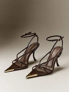 Hauture Versatile Women's Black Faux Patent Leather Strappy Stiletto Mules Pump Slip-On Comfort Point Toe Spring Summer Chic Holiday Shoes Vacation - Chocolate Brown - View 1