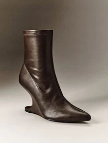 Hauture Ladies Fashinable Glamorous Point Toe Structral Heel Ankle Booties - Coffee Brown - View 3