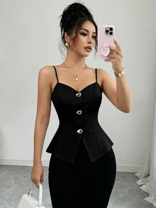 Elenzga 新款V領水滴鈕扣細肩帶背心，百搭通勤風辣妹女款背心上衣 - 黑色 - 查看 4