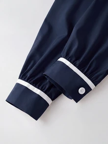 SHEIN 對比色休閒商務優雅戶外襯衫，極簡休閒，戶外，通勤辦公，海軍藍與白色，秋季 - 藏蓝色 - 查看 4