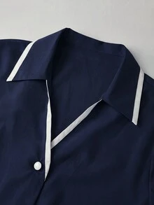 SHEIN 對比色休閒商務優雅戶外襯衫，極簡休閒，戶外，通勤辦公，海軍藍與白色，秋季 - 藏蓝色 - 查看 6