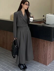 DAZY 女士休闲纯色翻领长袖上衣和裙子两件套，秋季女装 - 灰色 - 查看 4