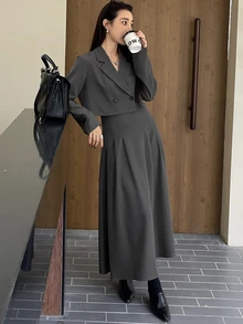 DAZY 女士休闲纯色翻领长袖上衣和裙子两件套，秋季女装 - 灰色 - 查看 3