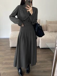DAZY 女士休闲纯色翻领长袖上衣和裙子两件套，秋季女装 - 灰色 - 查看 5