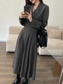 DAZY 女士休闲纯色翻领长袖上衣和裙子两件套，秋季女装 - 灰色 - 查看 1