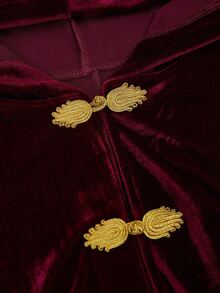 Sweetra Halloween Plus Size Women's Velvet Hooded Cape Coat With Frog Button Design Fall - Burgundy - View 3