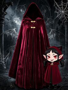 Sweetra Halloween Plus Size Women's Velvet Hooded Cape Coat With Frog Button Design Fall - Burgundy - View 1