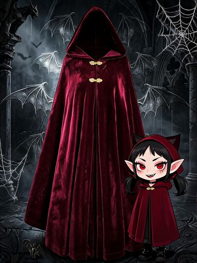 Sweetra Halloween Plus Size Women's Velvet Hooded Cape Coat With Frog Button Design Fall