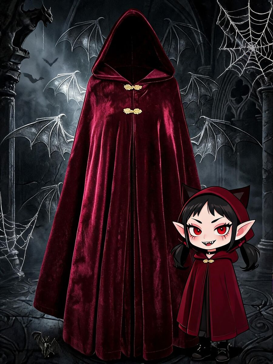 Sweetra Halloween Plus Size Women's Velvet Hooded Cape Coat With Frog Button Design Fall - Burgundy - View 1
