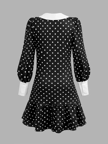 SHEIN Tween Girl Autumn Vintage French Elegant Collared Contrast Black And White Polka Dot Ruched Dress, Graduation, Prom, Christmas, Halloween Party - Black - View 2