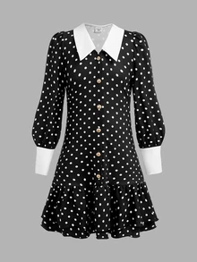 SHEIN Tween Girl Autumn Vintage French Elegant Collared Contrast Black And White Polka Dot Ruched Dress, Graduation, Prom, Christmas, Halloween Party - Black - View 6