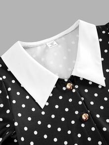 SHEIN Tween Girl Autumn Vintage French Elegant Collared Contrast Black And White Polka Dot Ruched Dress, Graduation, Prom, Christmas, Halloween Party - Black - View 3