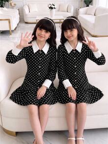 SHEIN Tween Girl Autumn Vintage French Elegant Collared Contrast Black And White Polka Dot Ruched Dress, Graduation, Prom, Christmas, Halloween Party - Black - View 9