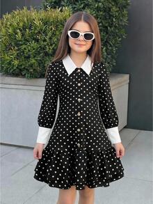 SHEIN Tween Girl Autumn Vintage French Elegant Collared Contrast Black And White Polka Dot Ruched Dress, Graduation, Prom, Christmas, Halloween Party - Black - View 1