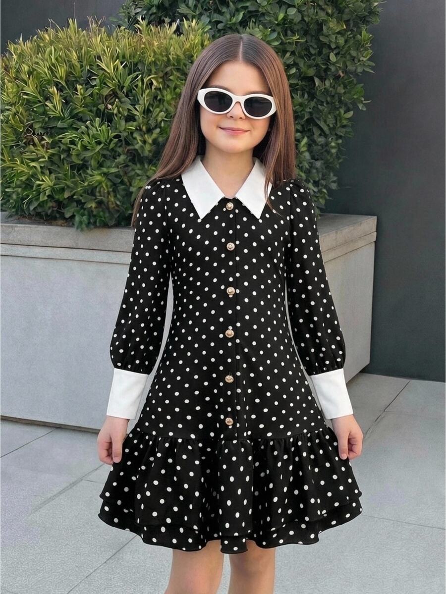 SHEIN Tween Girl Autumn Vintage French Elegant Collared Contrast Black And White Polka Dot Ruched Dress, Graduation, Prom, Christmas, Halloween Party - Black - View 1