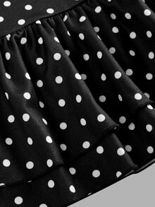 SHEIN Tween Girl Autumn Vintage French Elegant Collared Contrast Black And White Polka Dot Ruched Dress, Graduation, Prom, Christmas, Halloween Party - Black - View 10