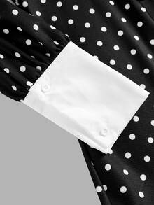 SHEIN Tween Girl Autumn Vintage French Elegant Collared Contrast Black And White Polka Dot Ruched Dress, Graduation, Prom, Christmas, Halloween Party - Black - View 4