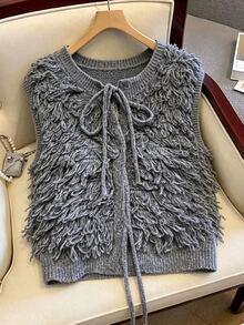 FRIFUL Women's Solid Color Tassel Design Casual Versatile Knit Vest Family Vacation Office Black Winter - Grey - View 1
