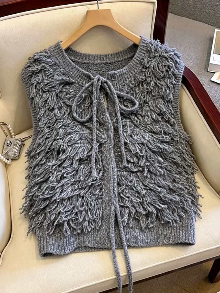 FRIFUL Women's Solid Color Tassel Design Casual Versatile Knit Vest Family Vacation Office Black Winter - Grey - View 1