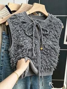 FRIFUL Women's Solid Color Tassel Design Casual Versatile Knit Vest Family Vacation Office Black Winter - Grey - View 2