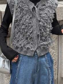 FRIFUL Women's Solid Color Tassel Design Casual Versatile Knit Vest Family Vacation Office Black Winter - Grey - View 3