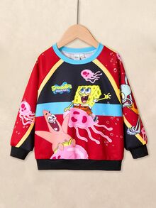 SpongeBob SquarePants | SHEIN Young Boy Colorblock Cartoon Race Car Graphic Raglan Sleeve Crew Neck Sweatshirt, Autumn/Winter - Red - View 1