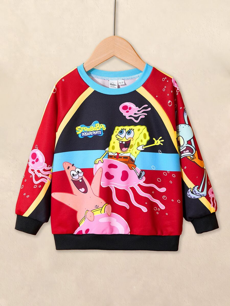 SpongeBob SquarePants | SHEIN Young Boy Colorblock Cartoon Race Car Graphic Raglan Sleeve Crew Neck Sweatshirt, Autumn/Winter - Red - View 1