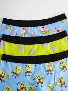 SpongeBob SquarePants | SHEIN 3 piezas/Paquete Calzoncillos de cintura elástica con estampado de dibujos animados para hombres - Azul - Ver 3