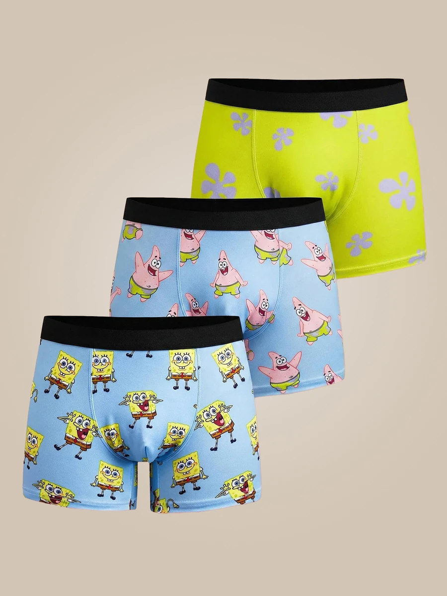 SpongeBob SquarePants | SHEIN 3 piezas/Paquete Calzoncillos de cintura elástica con estampado de dibujos animados para hombres - Azul - Ver 1