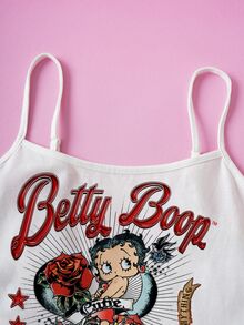 Betty Boop x SHEIN Women Retro Cartoon Figure Pattern Casual Cami Top, Versatile, Daily, Summer - White - View 3