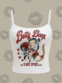 Betty Boop x SHEIN Women Retro Cartoon Figure Pattern Casual Cami Top, Versatile, Daily, Summer - White - View 1