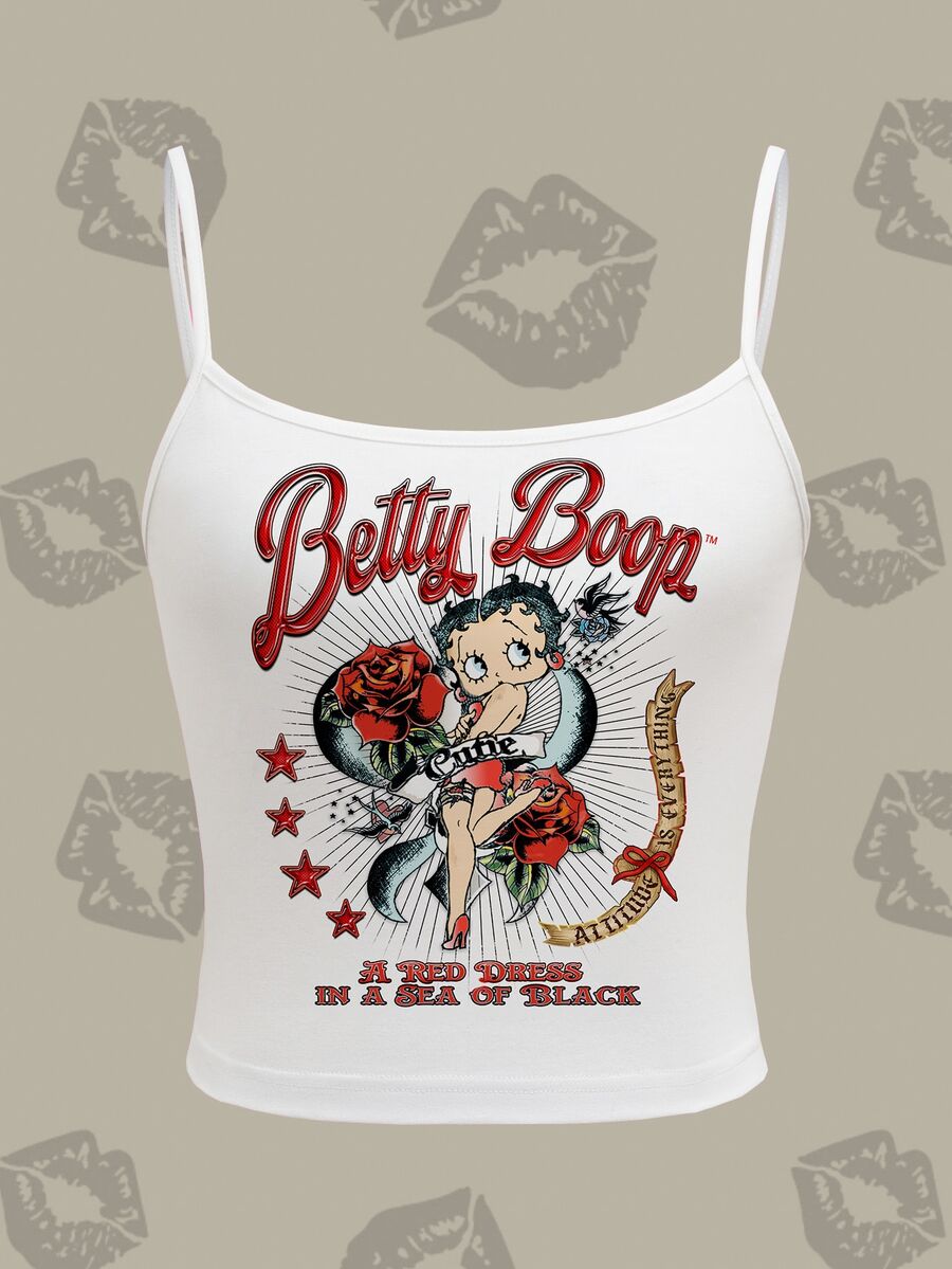 Betty Boop x SHEIN Women Retro Cartoon Figure Pattern Casual Cami Top, Versatile, Daily, Summer - White - View 1