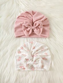 SHEIN 6pcs Newborn Baby Girls Top Pants Hat Set Cute Sweet Pink Floral Bow Ruffle Ribbed Long Sleeve V Neck Birthday Fall Holiday Chic - Multicolor - View 6